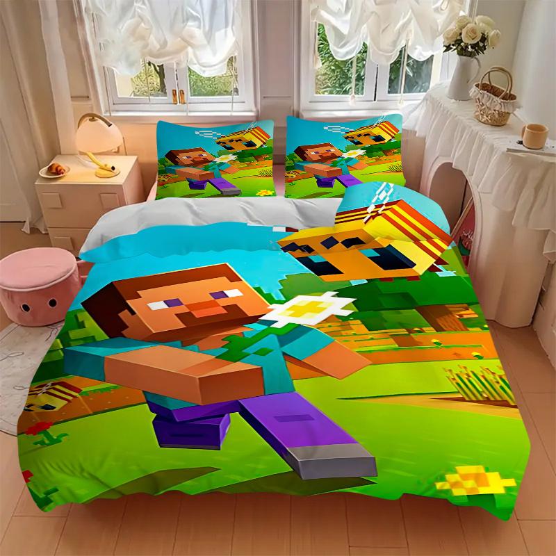 3pcs Minecraft Inspired Home Decor Bedding Set-Perfect for Bedroom, Guest Room, Living Room, Hotels | Ideal Gift for Fans, Travelers, Daily