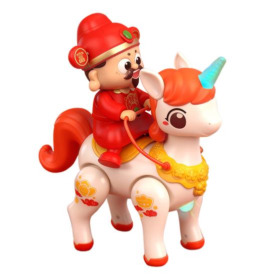 Electric God of Wealth Toy with Music LED Light Cartoon Riding Horse Fortune God Toy with Movable Joints Spring Festival New Year Gift
