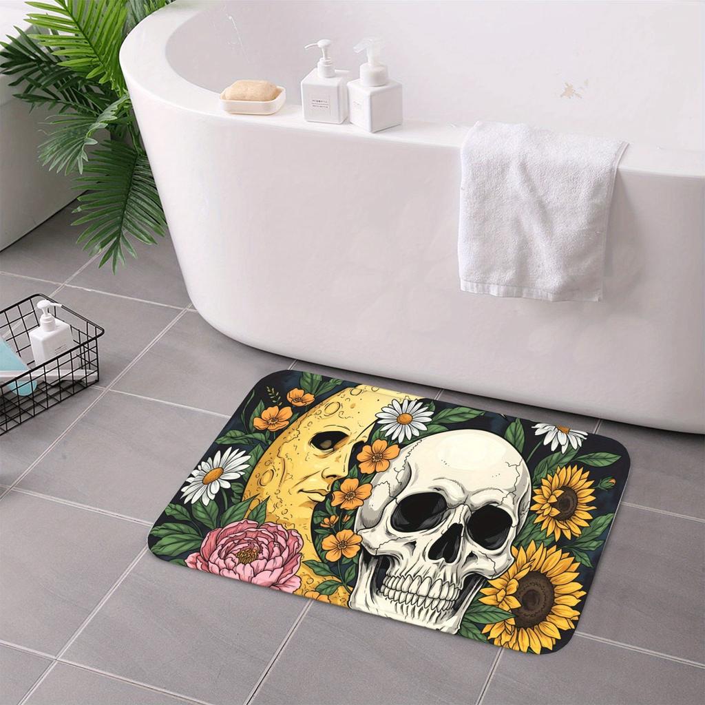 1PC Halloween Skull Flower Kitchen Rug Non-Slip Door Mat Pop Design Bathroom Rug Bath Mat Carpet for Home Sink Laundry Decor
