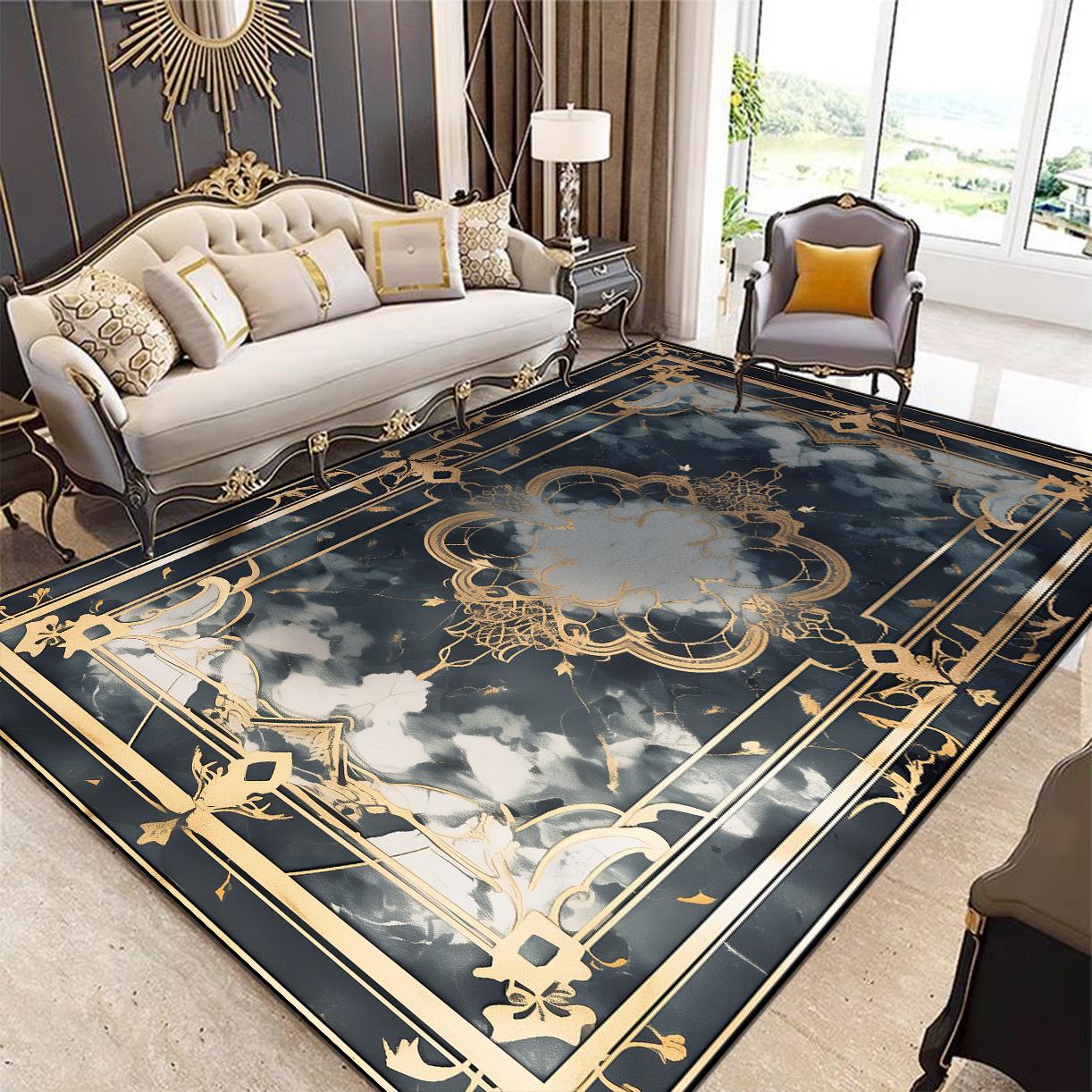 

Luxury European Decorative Rug for Living Room Blue Inlaid with Gold Big Size Parlor Carpet Non-slip Washable Bedroom Decor Mat 60*90cm