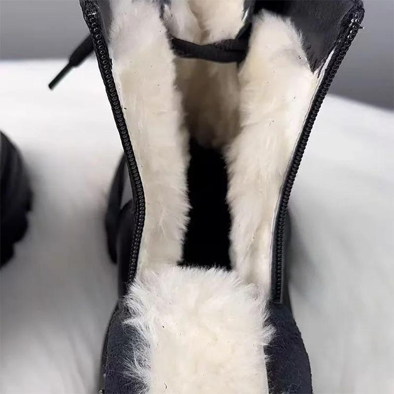 Winter Women's Boots Plush Warm Cotton Shoes Outdoor Waterproof Leather Snow Boots Lace Up Platform Booties Botas Invierno Mujer