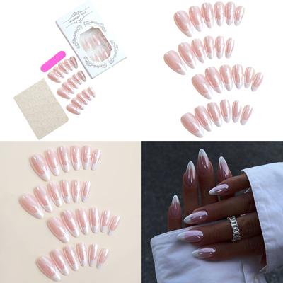 French Tip Press On Nails Full Cover False Nails Medium Almond False Nails Glossy Nude False Nails Tip Manicure Supplies