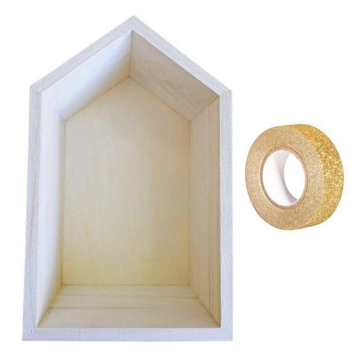 Wooden House Shelf 22.5 X 14 X 10 Cm + 5 M Gold Glitter Masking Tape