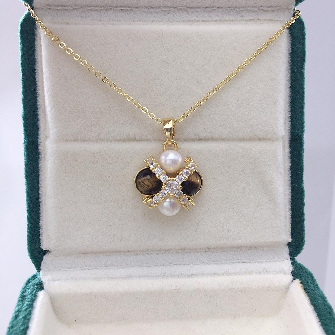 Подвеска-ожерелье с жемчугом пресной воды Zhuji, бирюзой и тигровым глазом для женщин