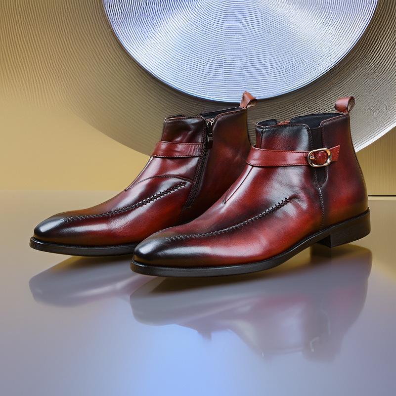 Mode Homme Luxe Cuir Véritable Bottines Chelsea Cheville Haut de Gamme Slip-On Sangle à Boucle Bout Ailé Noir Chaussures Basiques Bottines Homme