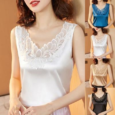 Summer Women Vest Solid Color Lace V Neck Sleeveless Loose Blouse
