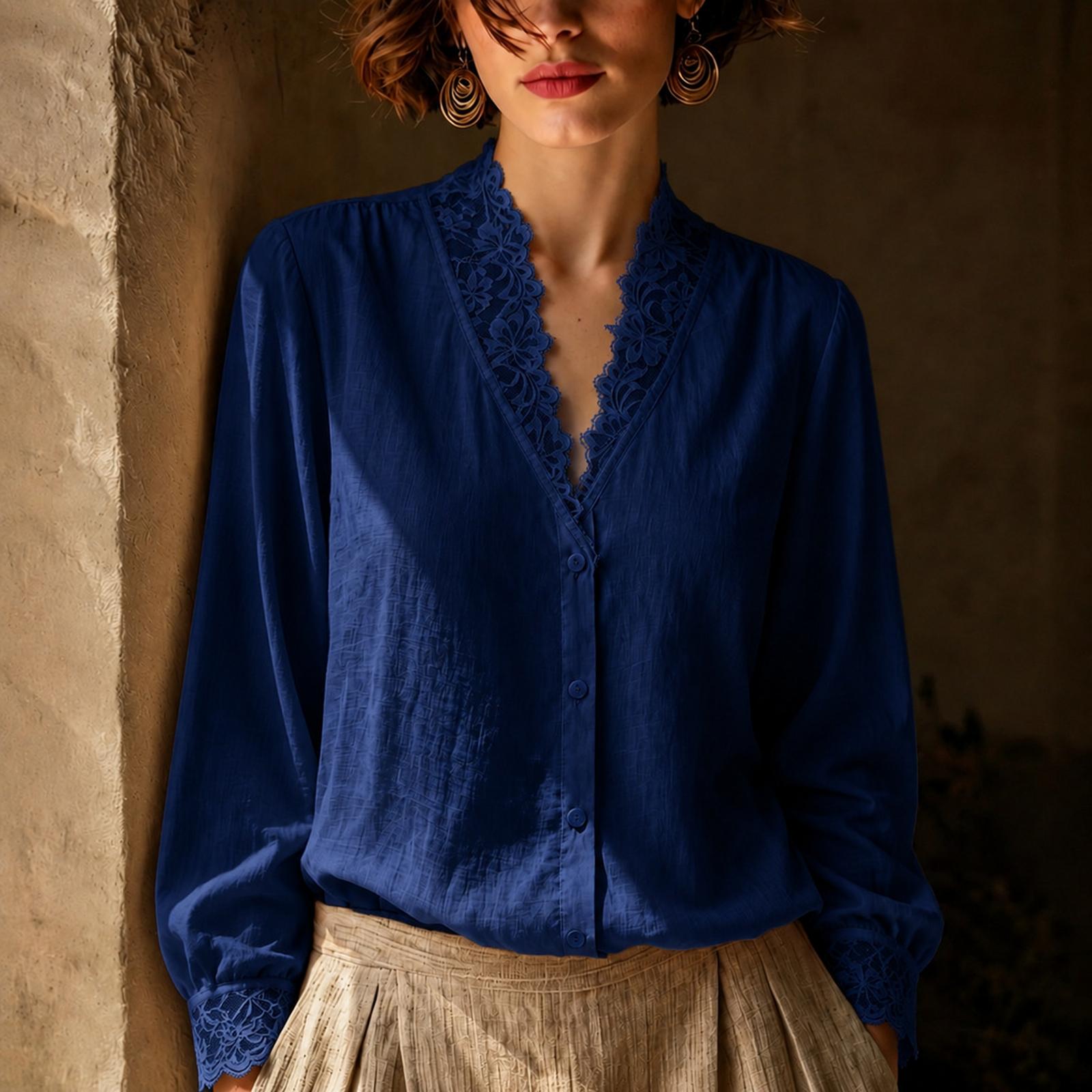 Women s V-Neck Long Sleeve Lace Trim Blouse for Work L