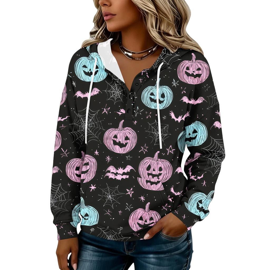 Women's Halloween Print Hoodie Button Front Long Sleeve Sweatshirt