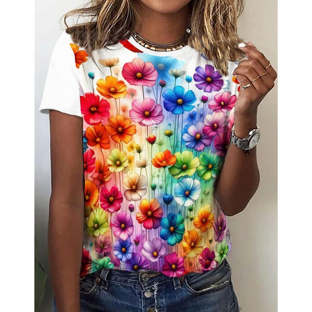 Fashions Women's Clothing Crushed Flower O-Neck Loose Short Sleeve T-Shirt Coloured Print Tops Ventilate Tshirts Streetwear