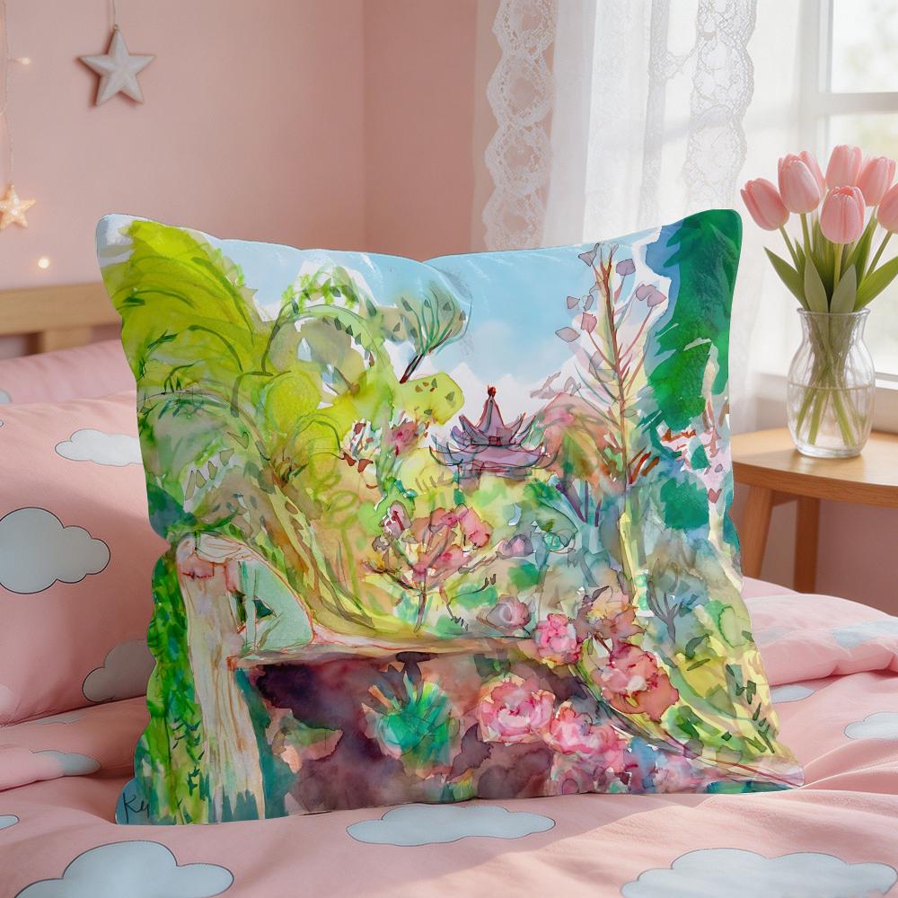 Retro Frühling Dorf Pflanzen Kissenbezug Quadratisch Kurzer Plüsch Kissenhülle Wohnzimmer Sofa Heimdekoration Funda X