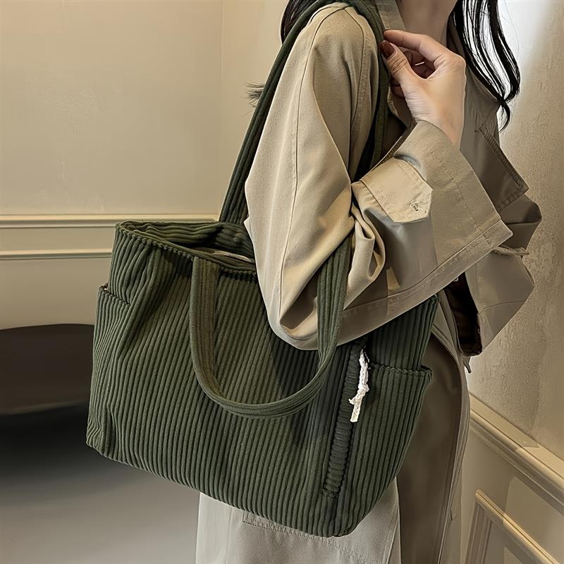 

Женская вельветовая сумка-тоут большой вместимости с несколькими отделениями и боковыми карманами, застежка-молния, фиксированные плечевые ремни, повседневная сумка для путешествий и работы зелёный