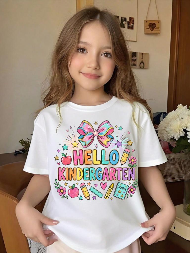 School Kids Hello Kindergarten Bow Apple Stationery Print Graphic Tee, Casual Soft Short Sleeve T-Shirt for Back To School, First Day of Kindergarten