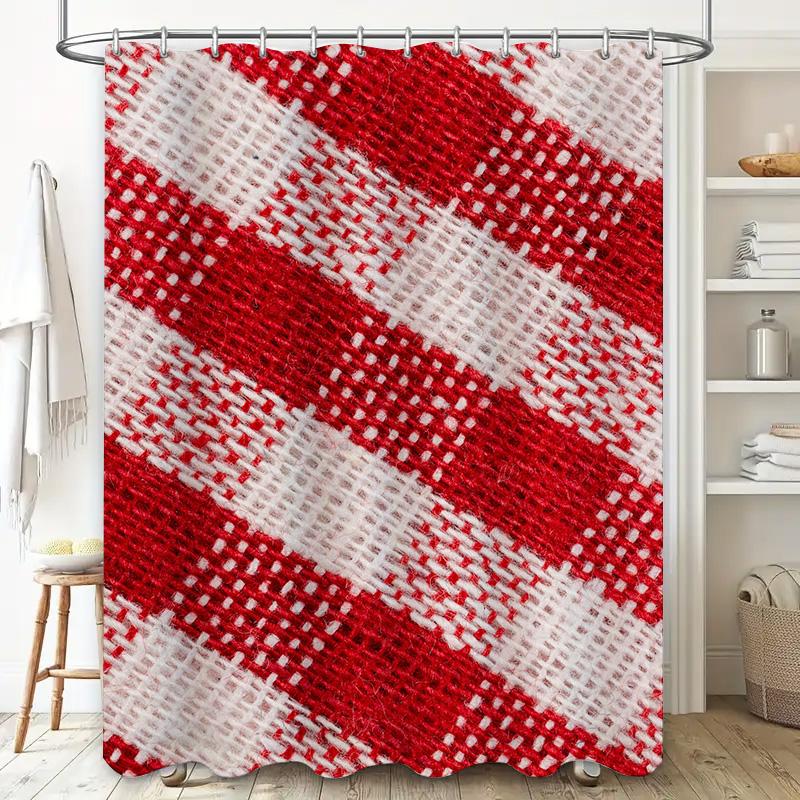 Red White Woven Checkered Shower Curtain For Bathroom Decor Polyester Waterproof Bath Mat Cover With Hook Ring Set In Home Garde