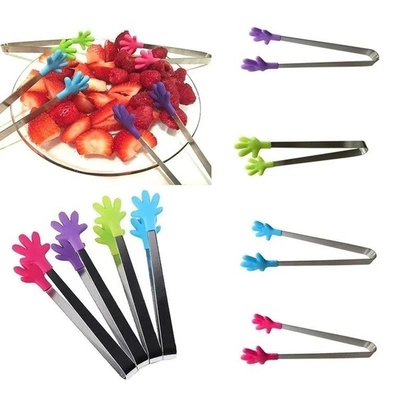 1PC Creative Small Hand Shape Silicone Food Tongs Ice Candy Kitchen Supplies Stainless Steel Non-slip Mini Utensil Random