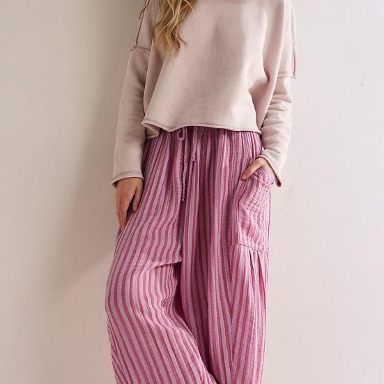 Women Pants Elastic Waist Striped Design Wide Leg Casual Trousers with Pockets Work Travel School All Day Wear