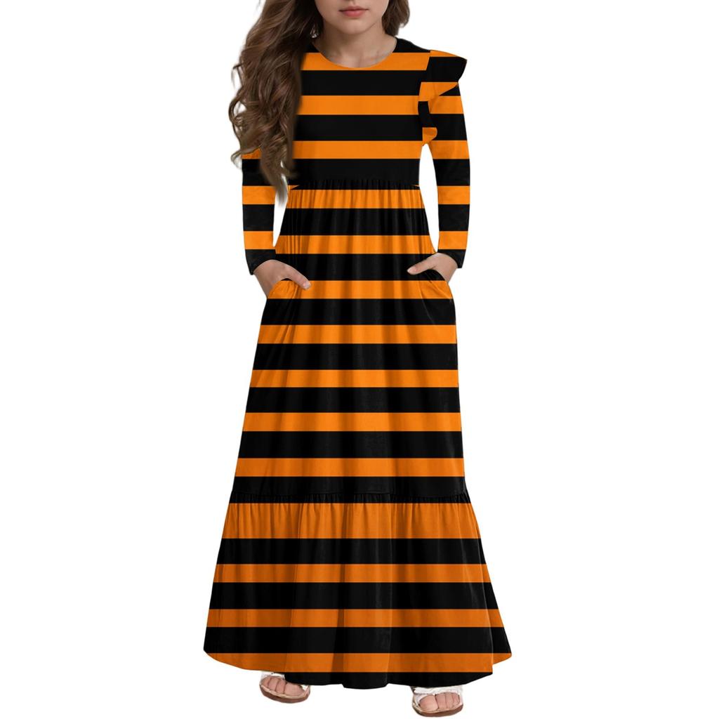 Girls' Tiered Ruffle Dress Halloween Day - Long Sleeve Printed Maxi With Pockets
