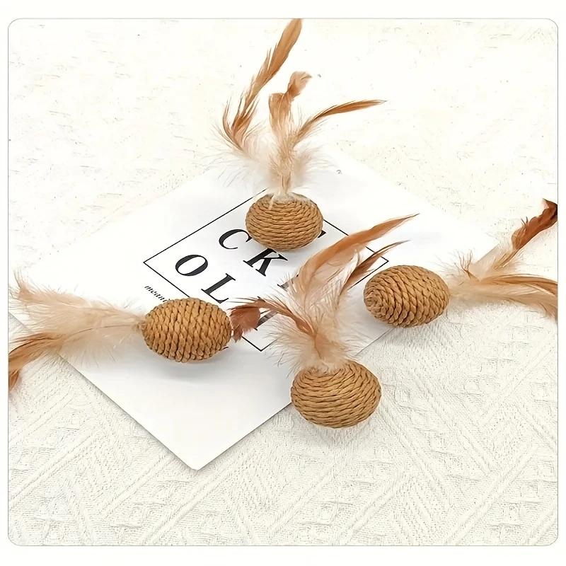 Interactive Cat Toys Rattan Sounding Bells Badminton Cat Chase Tease Cat Toys Rattle Balls Feather Wands Durable Pet Toys