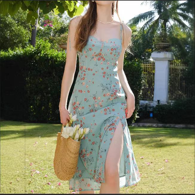 Spring new European and American women's clothing low-cut sexy printed strap split suspender dress