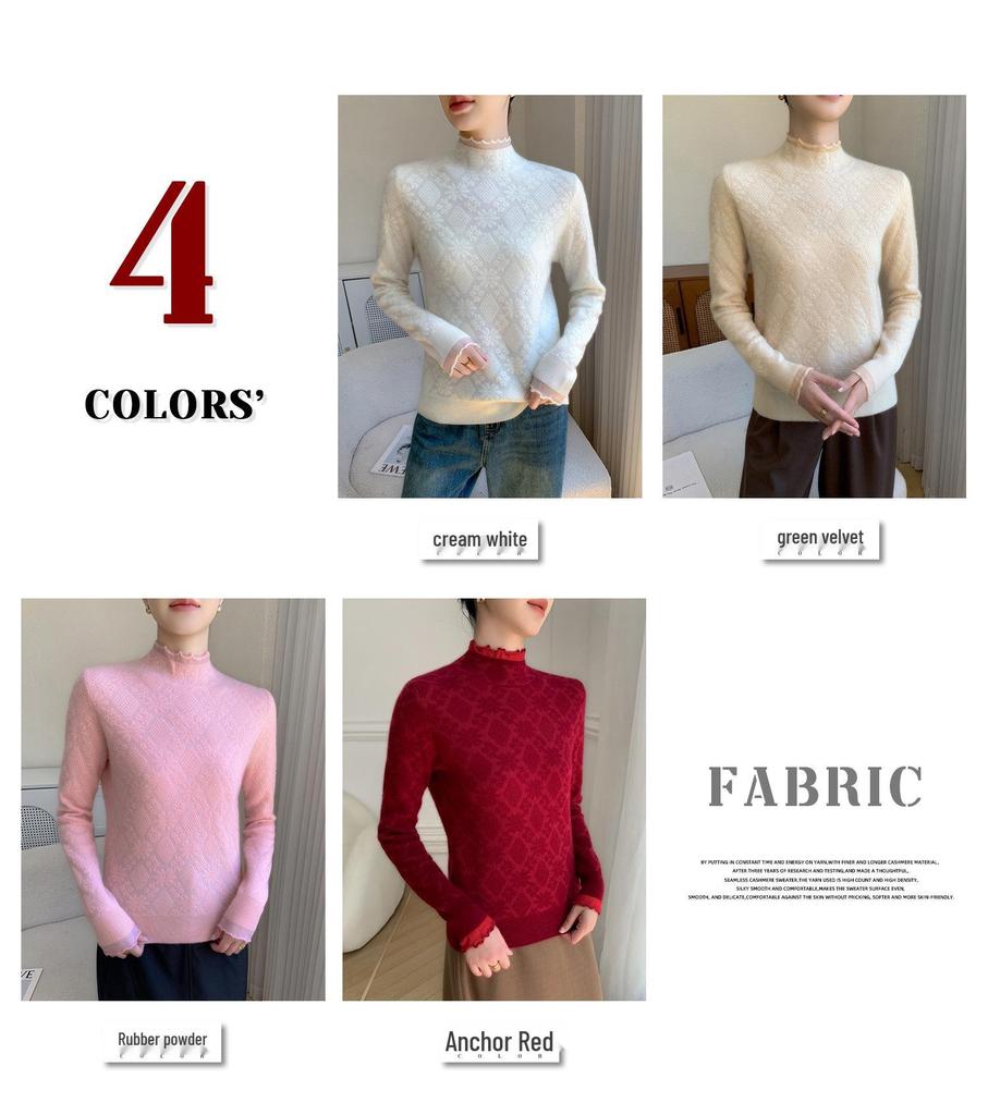 High-End Women's Cashmere Knit Lace Top - Long Sleeve, Half High Collar, Mesh Base Layer for Spring & Autumn