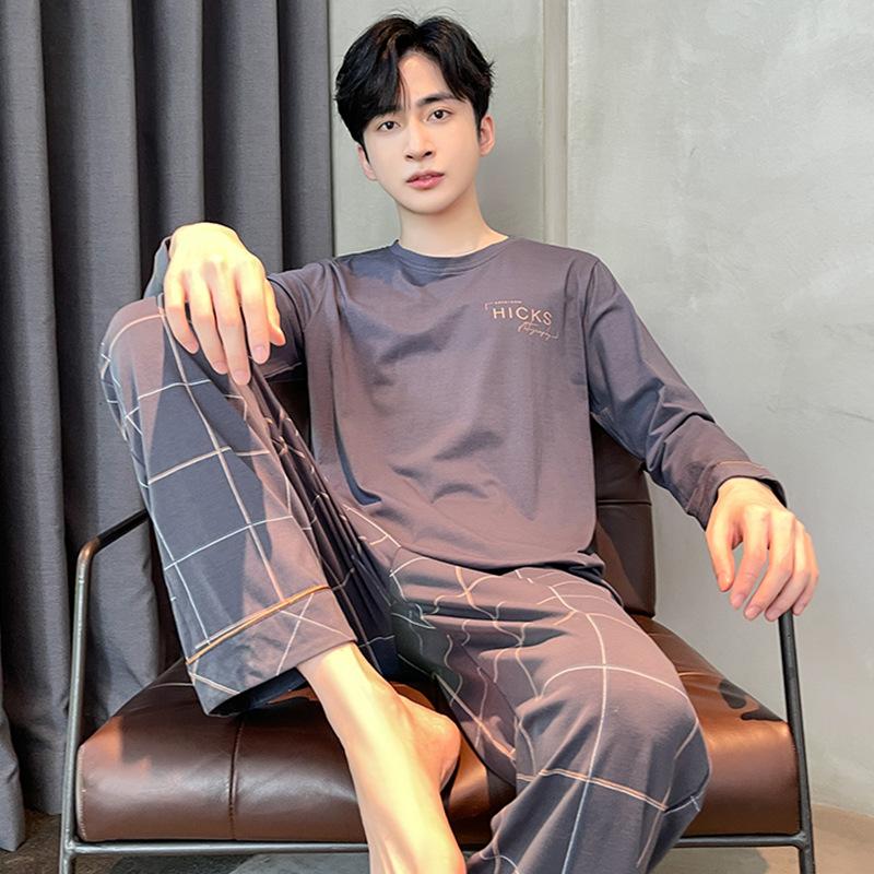 Frühlings-Baumwollpyjamas Herren Lounge Schlafbekleidung Blau Kariert Pijama Herren Morgenmantel Hauskleidung PJ Pijama Hombre
