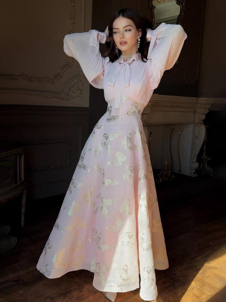 2025 Spring Elegant Long Sleeve Gold-Stamped Romantic Dress for Women