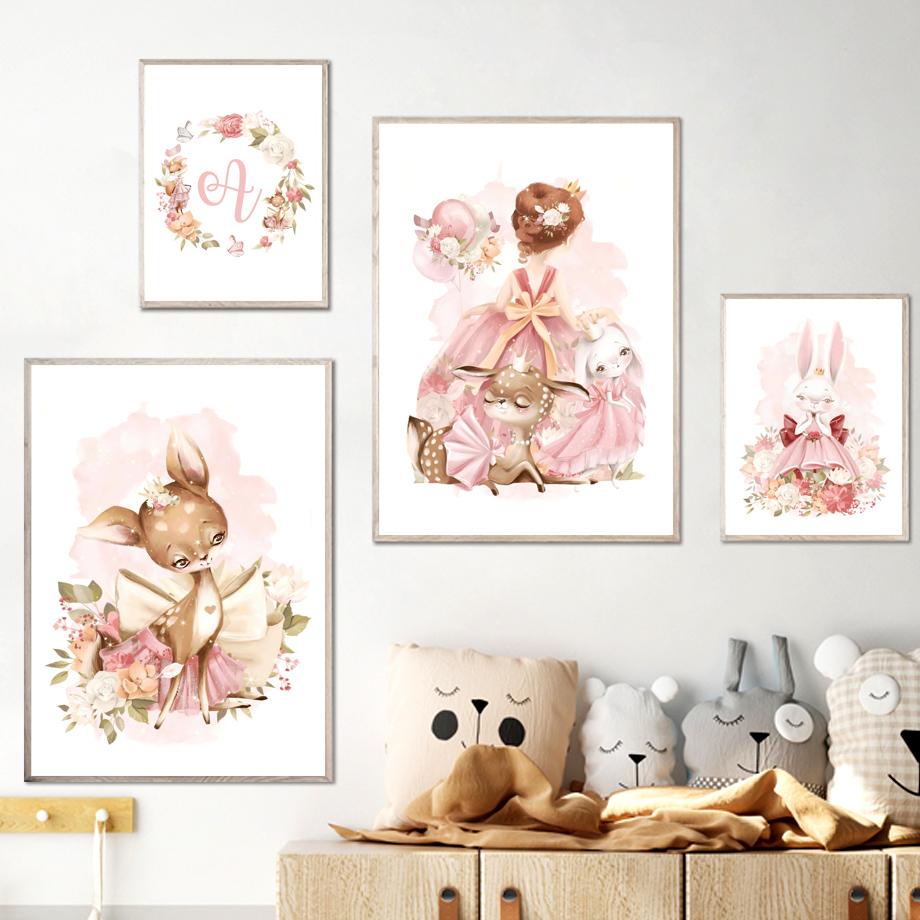 Kawaii Fawn Bunny Fox Princess Crown Wall Art Canvas Painting Posters and Prints Nordic Children's Room Decoration Pictures