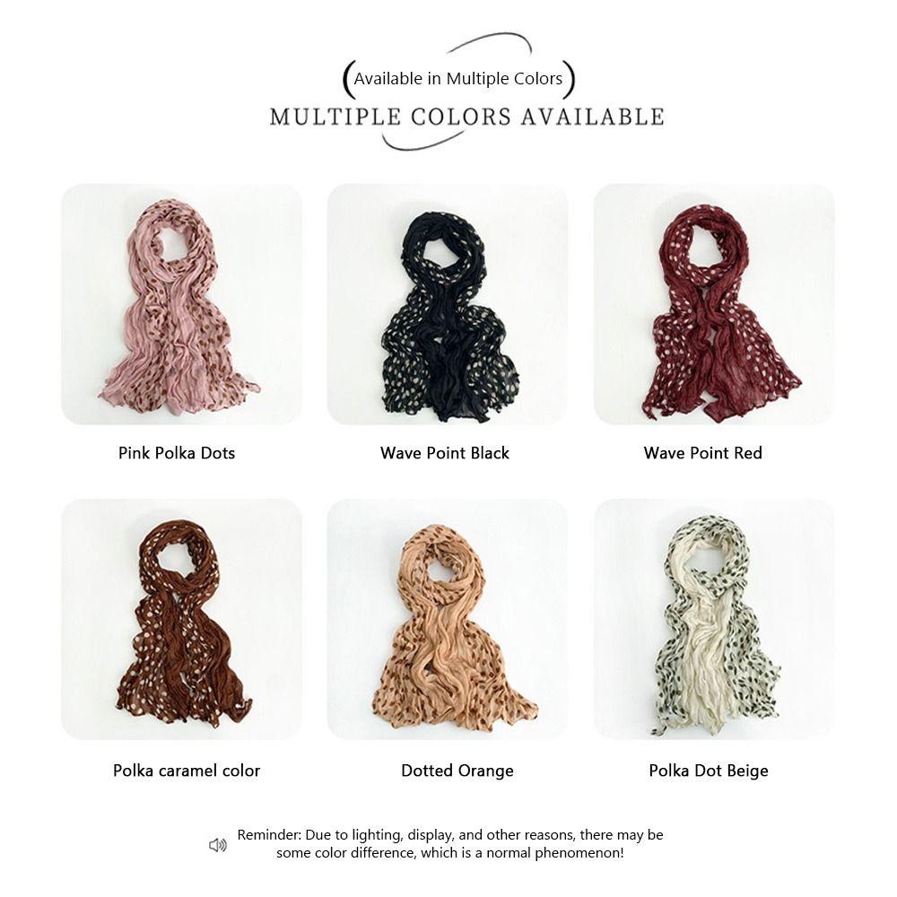 Cotton Linen Texture Wave Point Scarf Retro Print Wrinkle Twisted Pleated Scarf Long Pleated Thin Scarf Print Dots Scarf