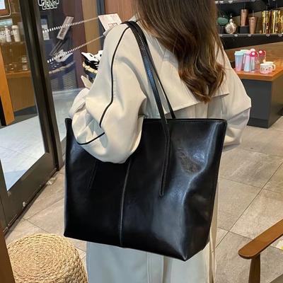 New Leather Women's Bag Fashionable Retro Oil Wax Leather Textured Shoulder Bag Daily Commuting Large-capacity Computer Tote Bag