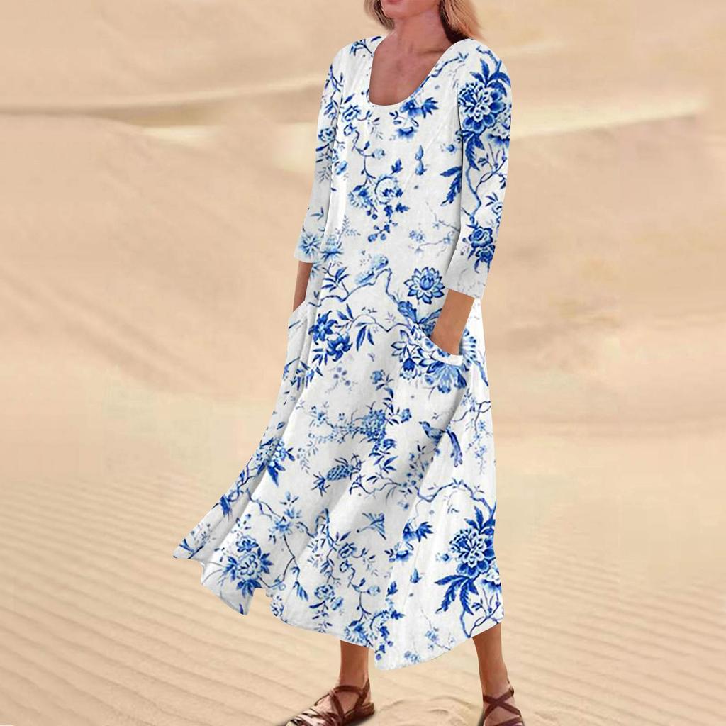 Dame uformelt blomstertrykk trekvart ermet lommekjole