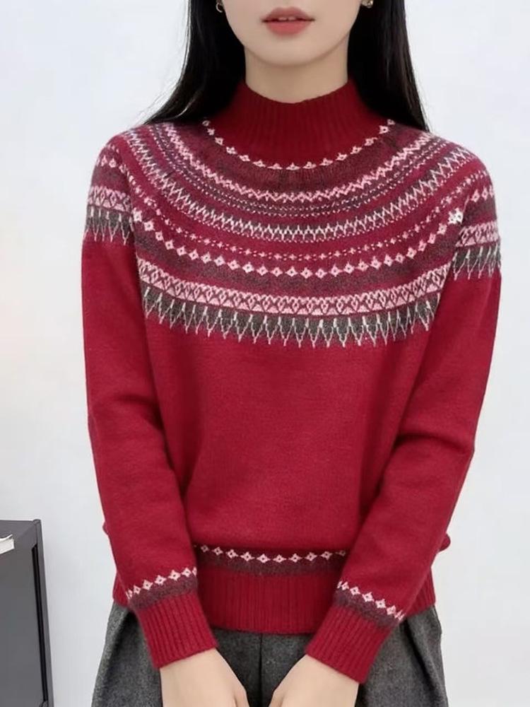 Fair Isle Women's Retro Cashmere Sweater - French Style Round Neck Pullover, Long Sleeve Knitwear