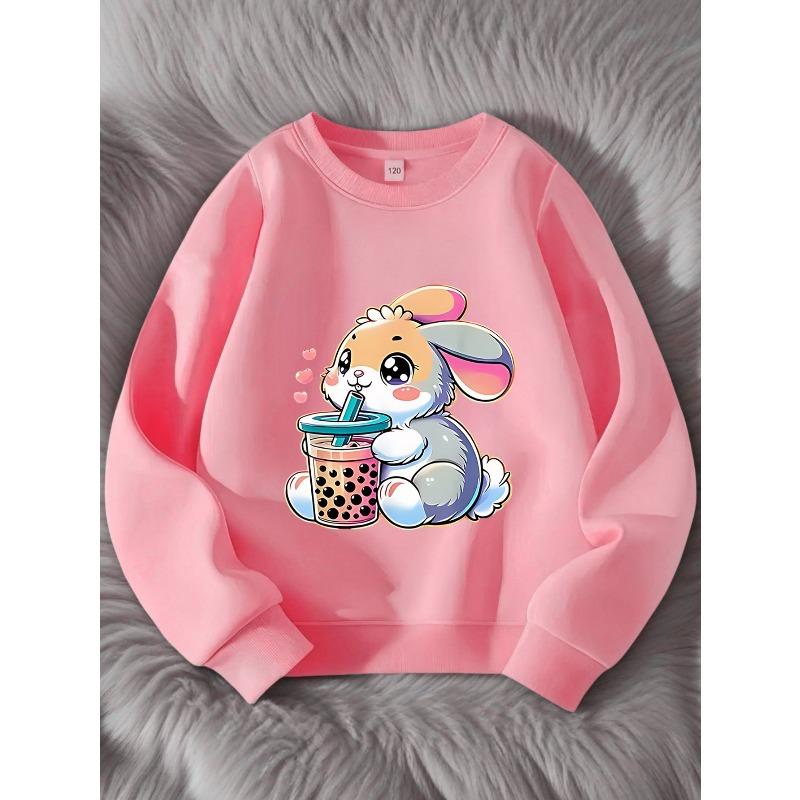 Kids Cartoon Rabbit Print Crewneck Long Sleeve Sweatshirt, Cute Fashion New Outfit for Autumn