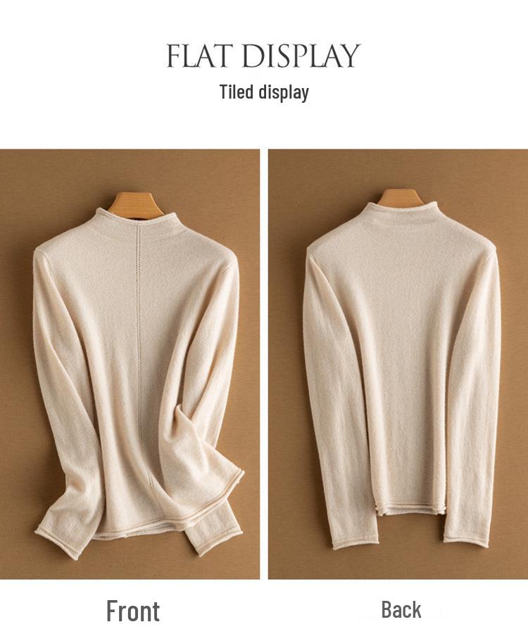 Women's High Neck Cashmere Wool Pullover – Solid Color, Half Sleeve, Inner Rolled Edge, Perfect Base Layer for Autumn/Winter.