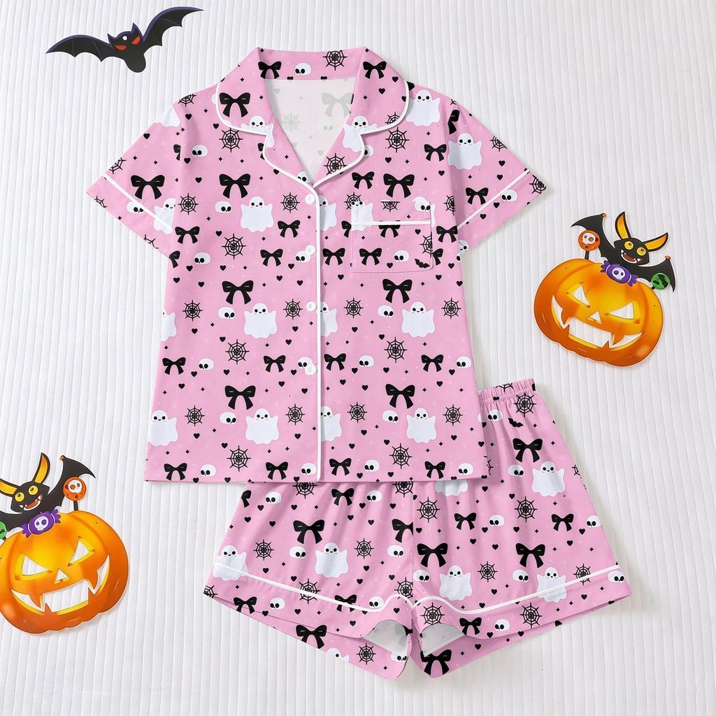 Women's Halloween Pajama Set with Short Sleeve Button Down Shirt and Shorts