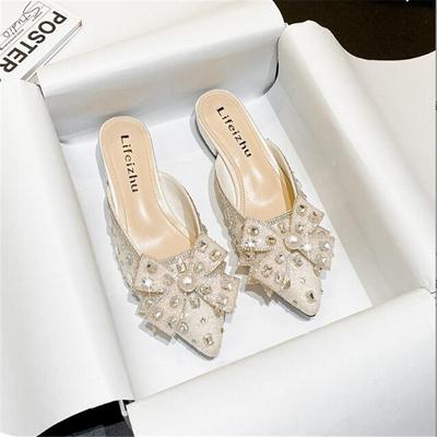 Damen Hausschuhe Strass Pailletten Slipper Quadratischer Absatz Pumps Dame Klassisch Schwarz Beige Hohe Qualität Komfort Sommerschuhe