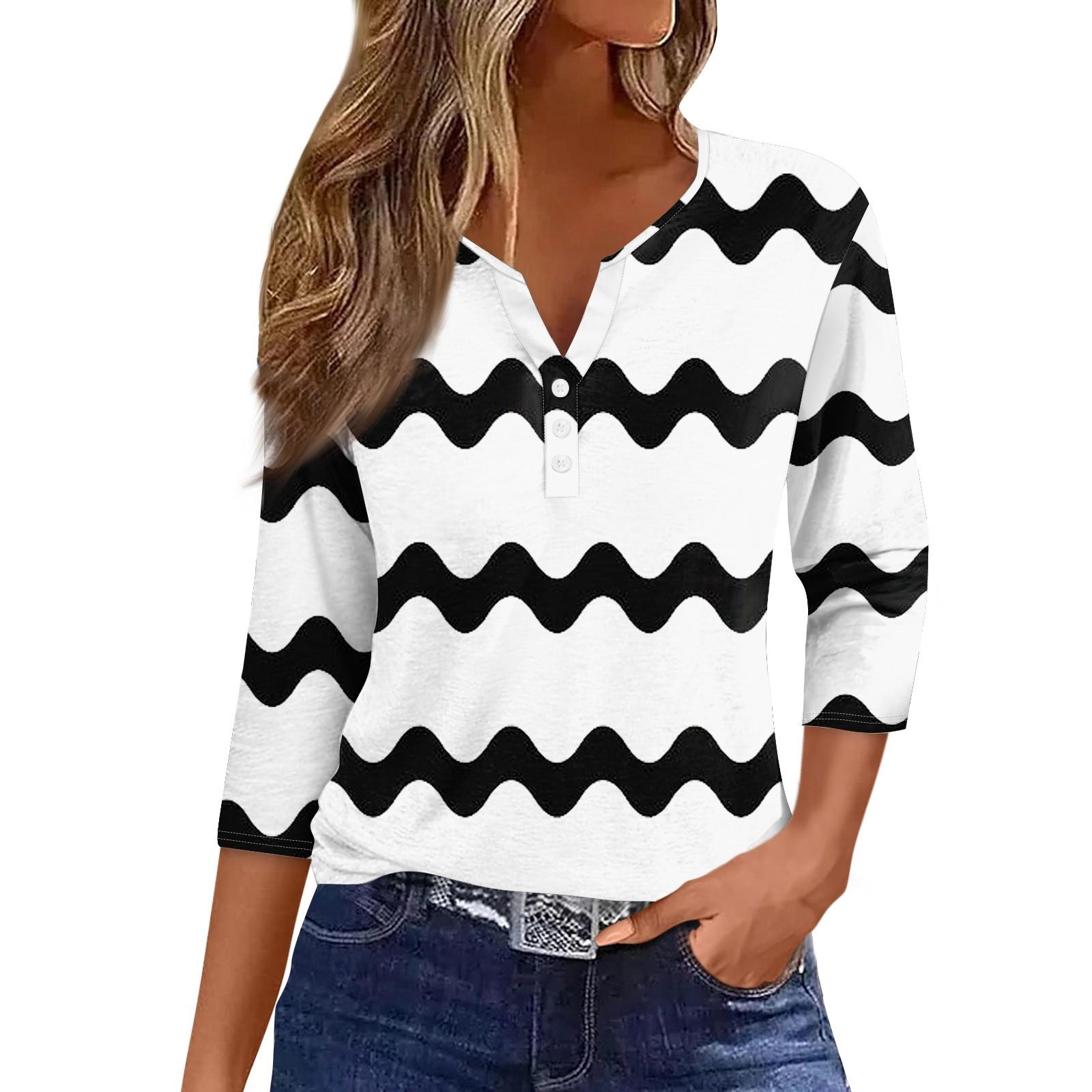 

Женская модная повседневная футболка с v-образным вырезом, полосатый топ на пуговицах с семью рукавами и принтом XXXL чёрный