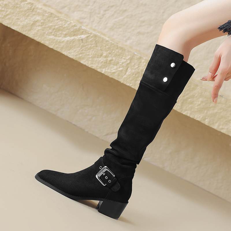 Krazing Pot Zapatos de Microfibra con Pelo Otoño Invierno Tacón Medio Grueso Botas de Montar Remaches Punta Cuadrada Mantener Caliente Botas Altas hasta la Rodilla