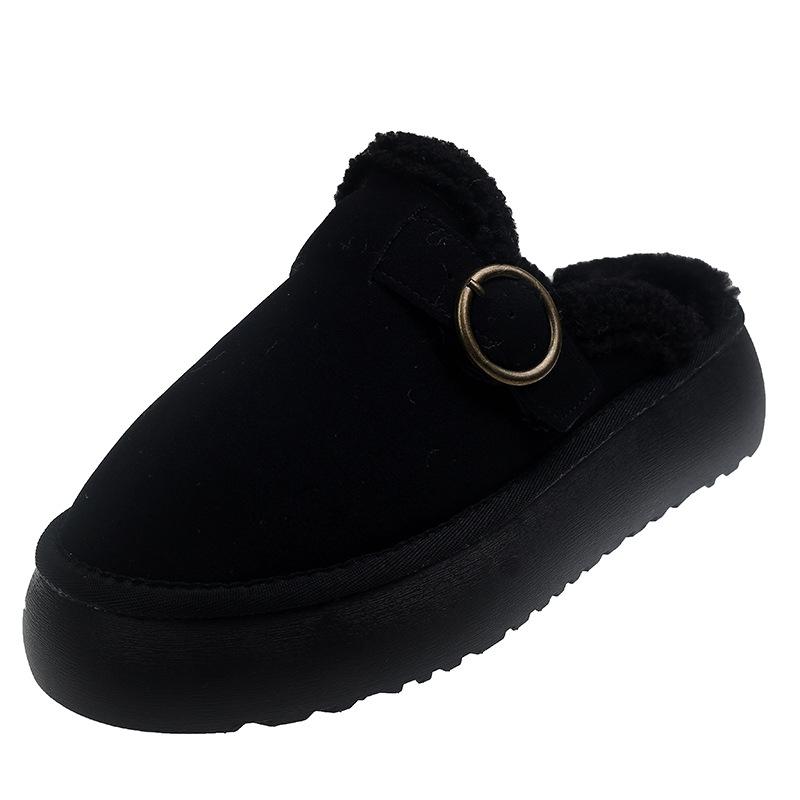 Autumn and Winter New Muffin Thick-soled Bag Head Half-drag Fluffy Shoes Women's Fashion Belt Buckle Outer Wear Cotton Slippers