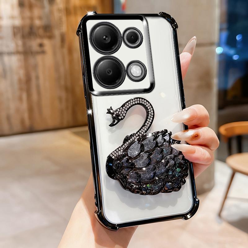 KEYSION Shockproof Plating Phone Case for Redmi Note 13 Pro 4G 13 5G Glitter Jewelled Swan Kickstand Cover for POCO X6 Pro M6 Pro