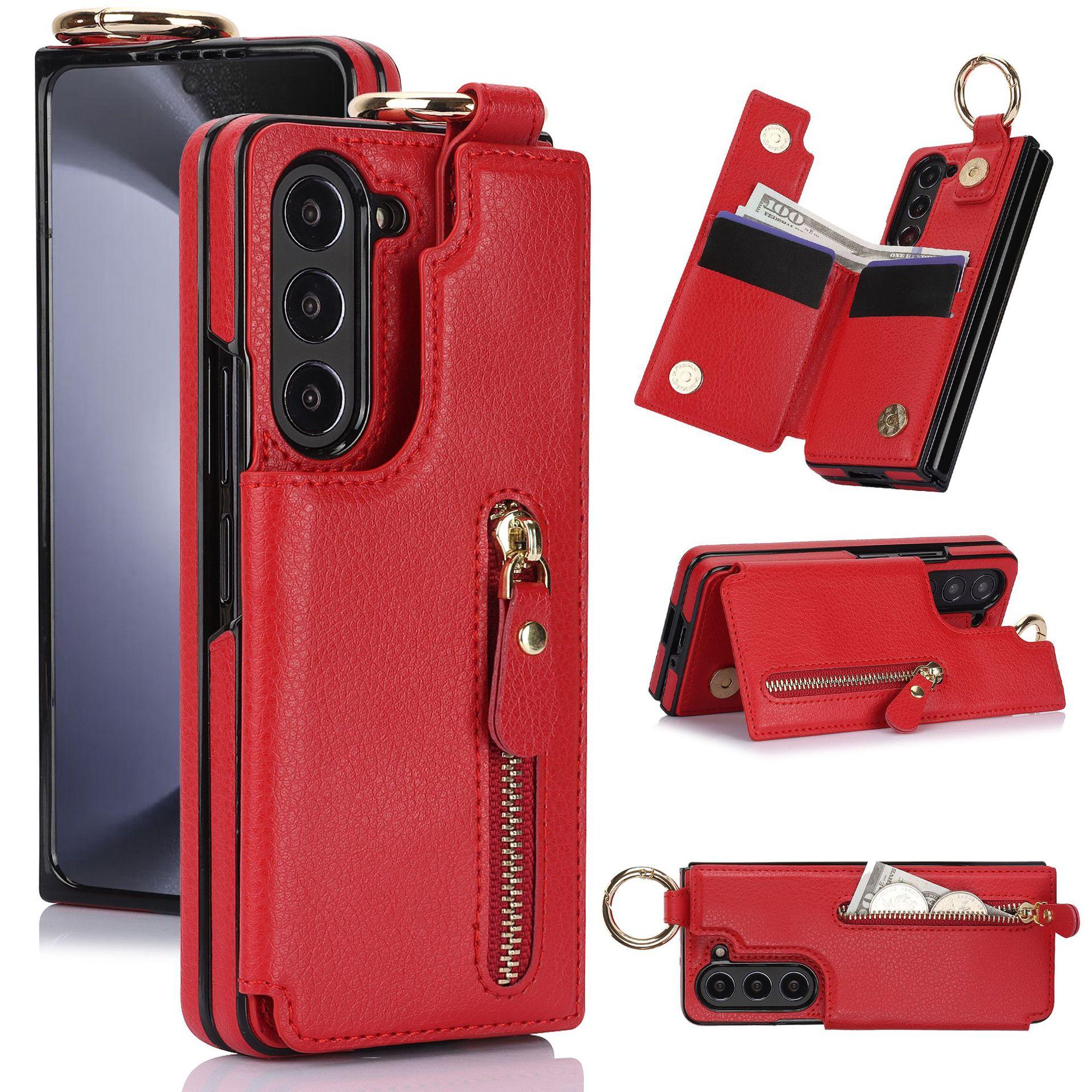 

Fold7 Ring Leather Phone Case for Samsung Galaxy Z Fold 7 6 5 4 3 Zipper Metal Double Buckle Flip Card Holder Wallet Hard Cover Galaxy Z Fold3 5G червоний