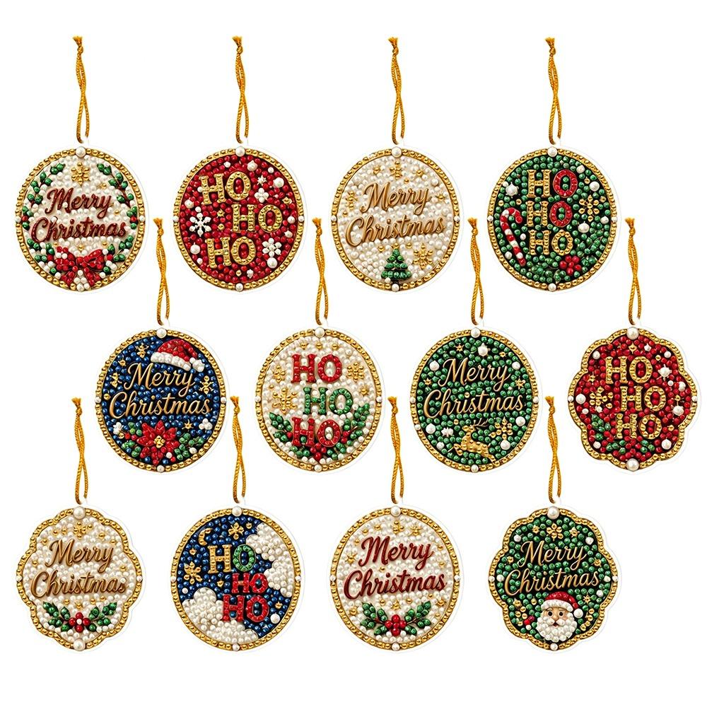 12pcs Christmas Hanging Ornaments Acrylic Board Rhinestone Decoration Set Fireplace Wreath
