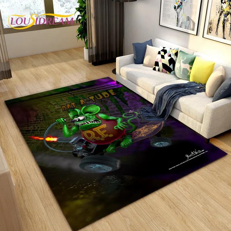 Tappeto Area Cartone Animato Divertente Rat Fink, Tappeto per Soggiorno Camera da Letto Garage Divano Decorazione Zerbino, Tappetino Antiscivolo da Gioco per Bambini