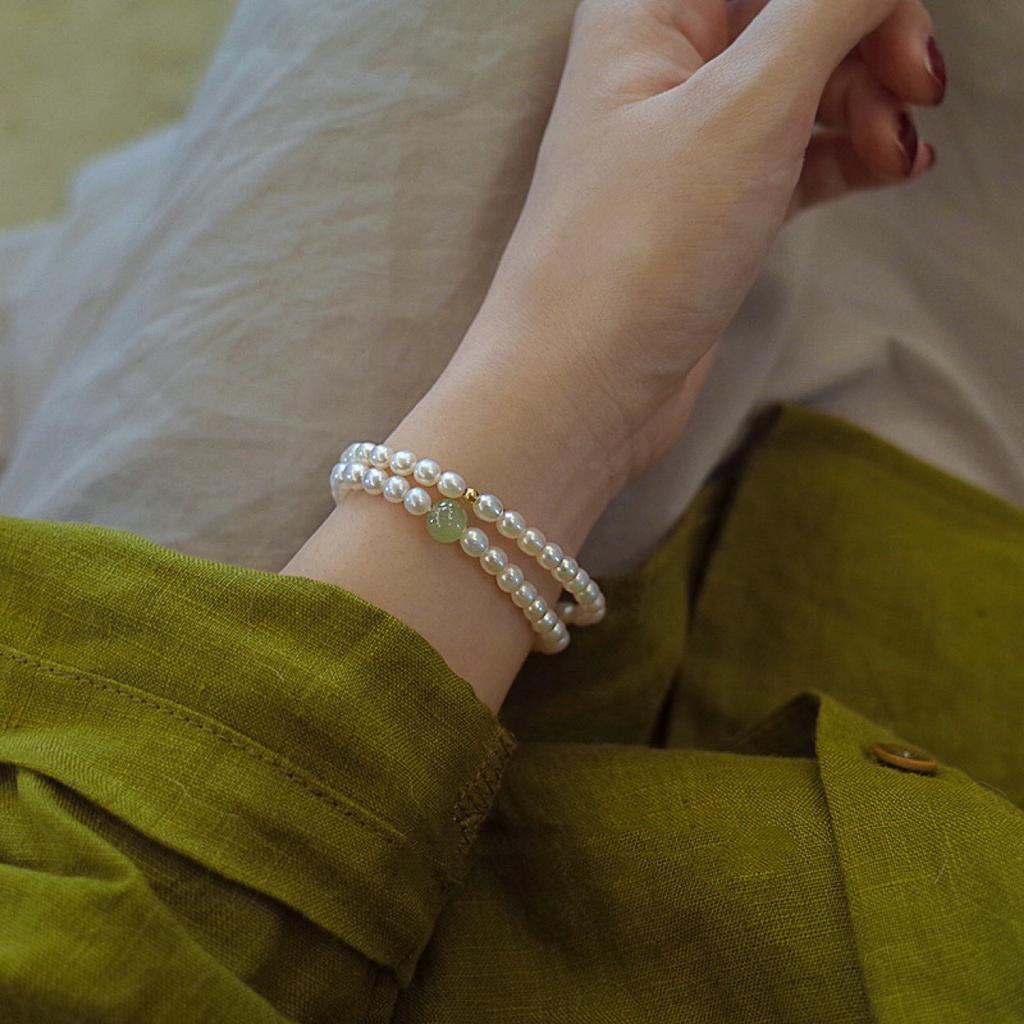 Natural Hetian jade bead bracelet female summer ins niche design pearl bracelet girlfriend double female gift light luxury