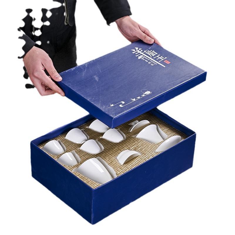 Dehua Suet Jade White Porcelain Tea Set, Cover Bowl Gift Gift Box Can Be Printed with Guochaofeng Business Gifts.