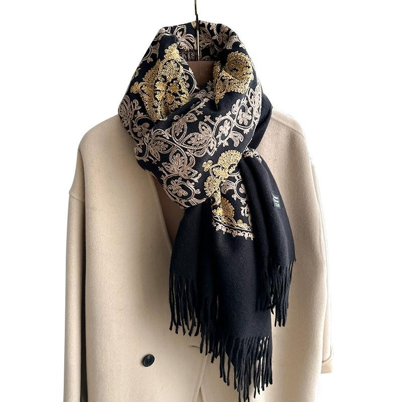 Winter Ethnic Style Totem Artistic Scarf Retro Elegant Faux Cashmere Embroidered Women'S Warm Scarf Air Conditioner Shawls