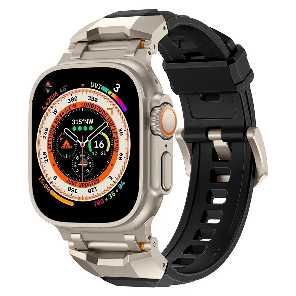 Rubber Sports Band for Apple Watch Ultra 3/2 49mm Titanium Color Sports Bracelet for iWatch Series 11 10 46mm 9 8 7 6 Se 44 45mm