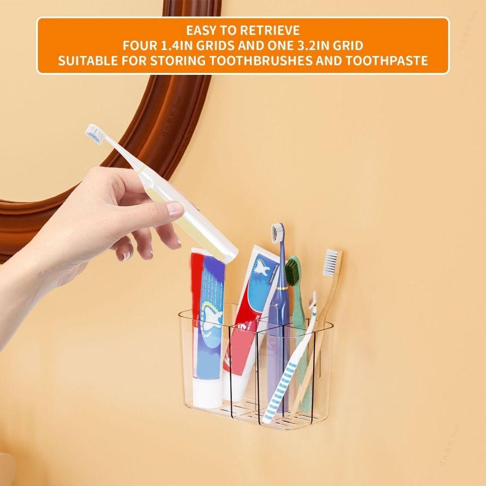 Plastic 5 Slots Toothbrush Organizer Drainable Wall Mounted Toothbrush Holder Space Saving with Divider Toothpaste Holder