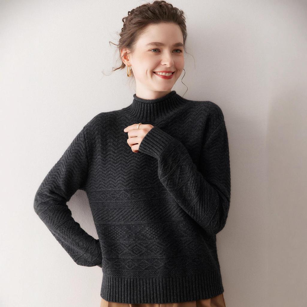 Women's Wave Jacquard Thickened Cashmere Sweater, Solid Color Half-High Neck Knit Top for Autumn/Winter