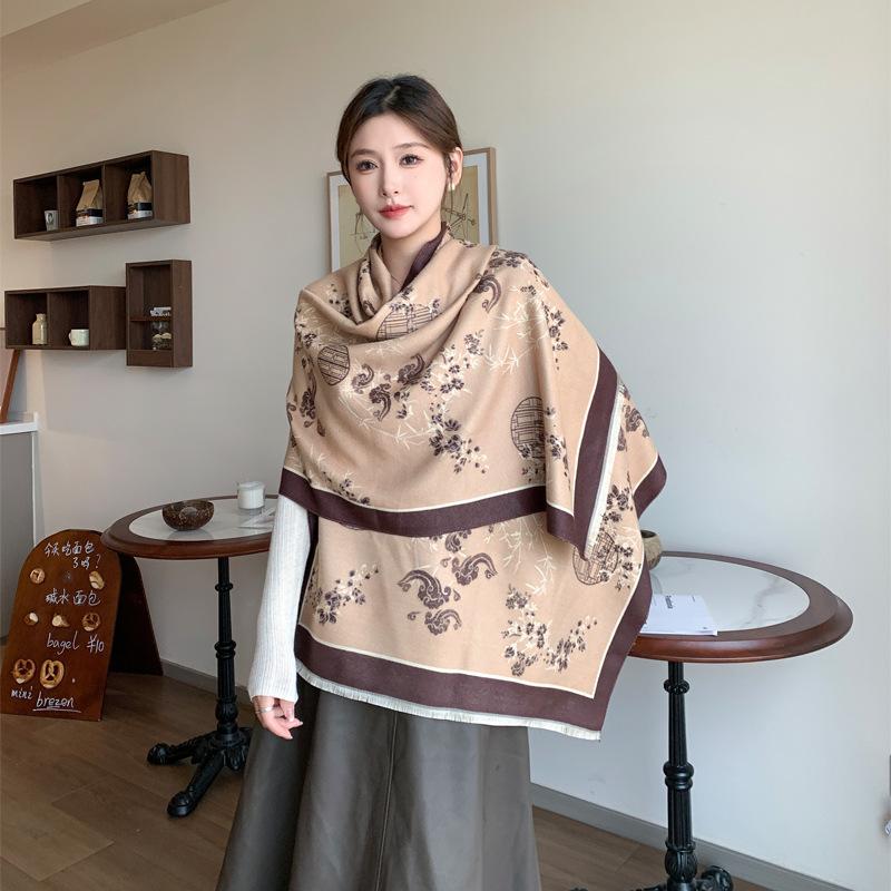 Winter Double-sided Imitation Cashmere Air Conditioning Shawl Dual-purpose Warm Scarf New Chinese Style Printed Scarf for Women Autumn