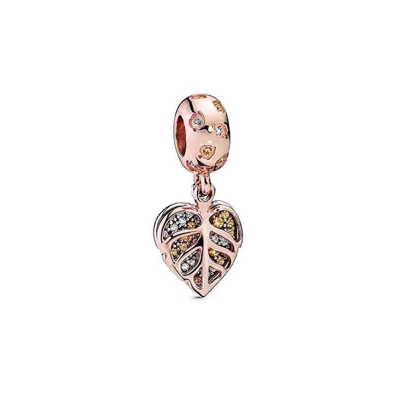 Plated Rose Gold Sparkling Pink Air Balloon & Levelled Heart Charm Bead Fit Original Sier Bracelet DIY Jewelry