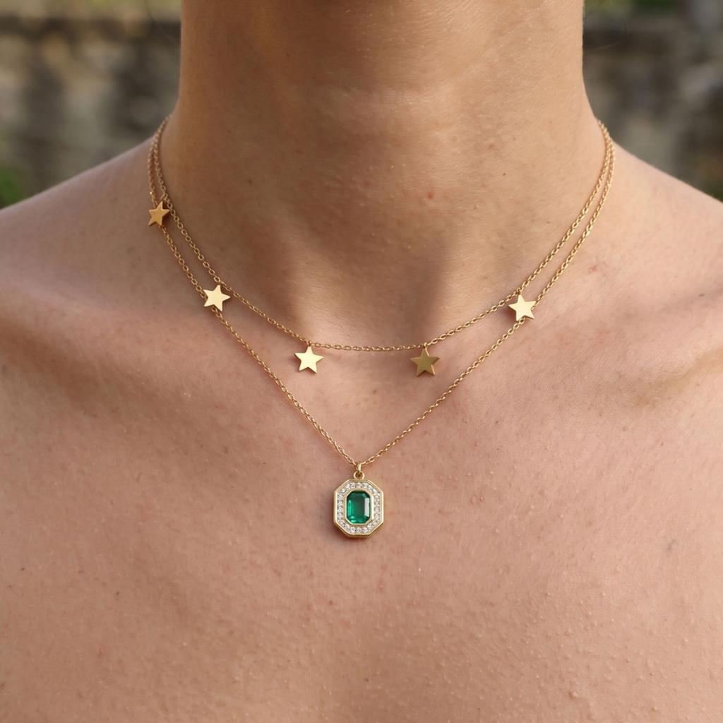 Geometric Charm with Green Zircon Gold Star Pendant Chic Elegant Double Layer Necklace Graceful Neck Jewelry for Women TGXL15311